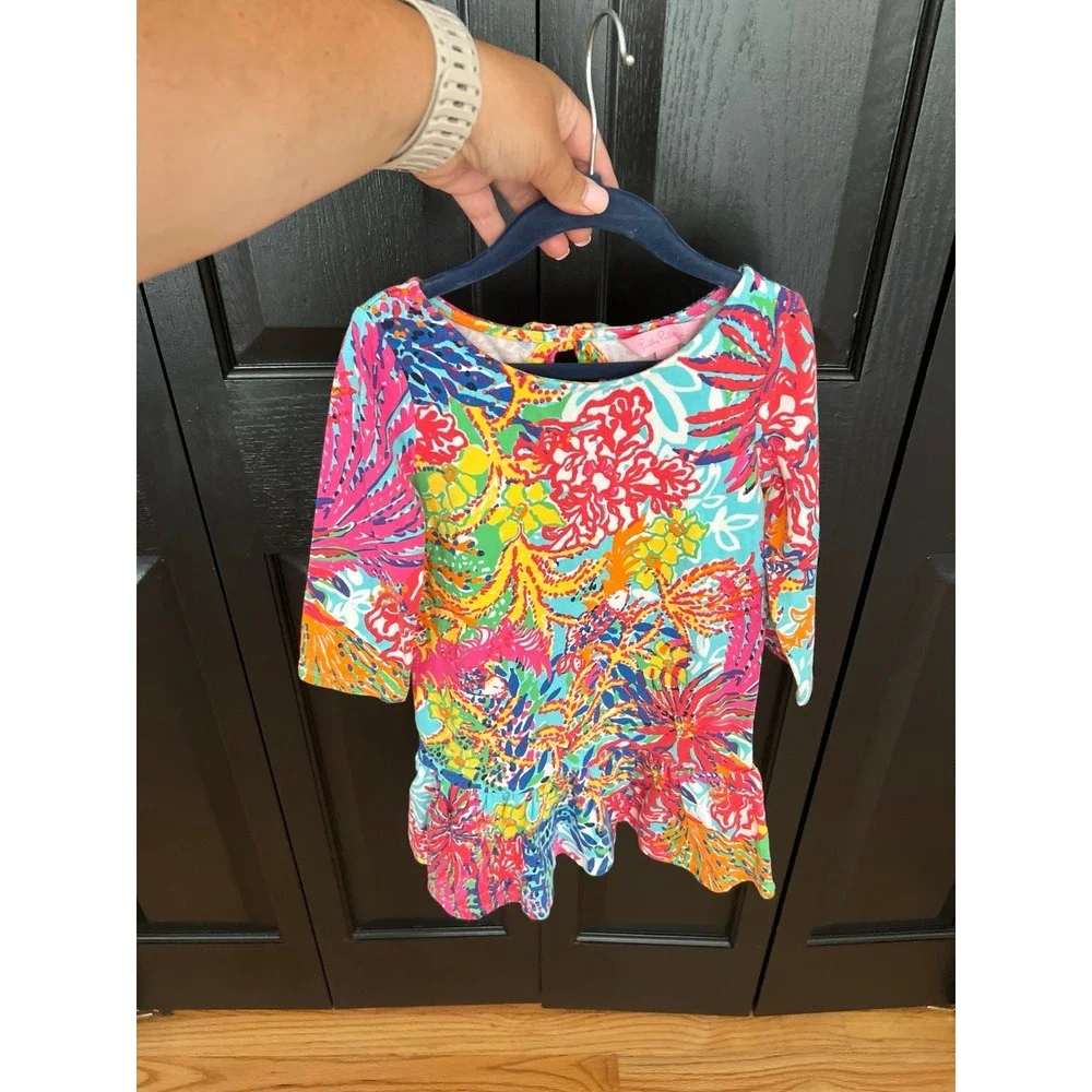Lilly Pulitzer Girls Morgana Multi color Coral Ruffle Bow Dress sz‎ 4-5 small